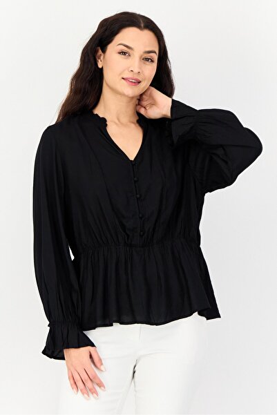Fire & Glory Women V Neck Long Sleeve Solid Blouse, Black
