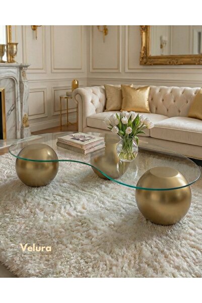 Velura Home & Living Küre Orta Sehpa - Gold - Fasulye - Şeffaf Cam