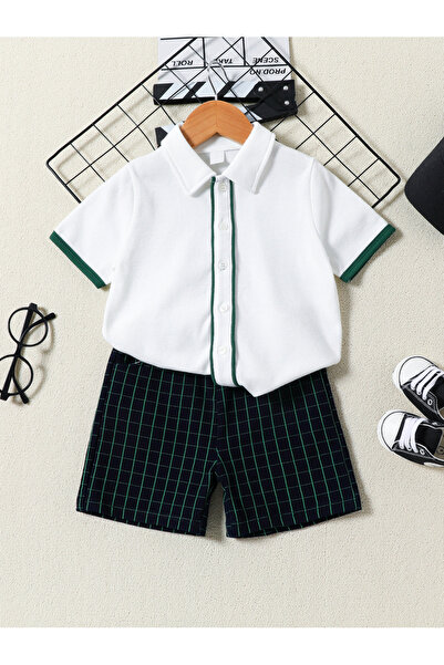 Take Two By Styli Boys Solid Short Sleeve Shirt and Plaid Shorts Set