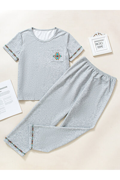 Take Two By Styli Grey Printed T-Shirt and Pyjama Set