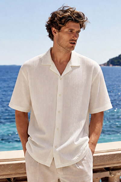 DAMGA JEANS Men's Premium Comfort Polo Collar White Linen Shirt