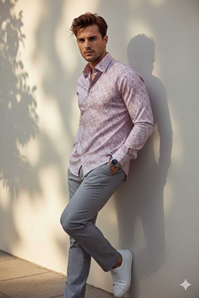 Louis Fabel Navy Blue Geometric Micro Patterned Long Sleeve Men's Shirt with ...