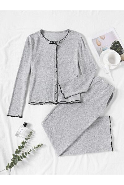 Take Two By Styli Grey Ruffle Trim Long Sleeve Top and Pyjama Set