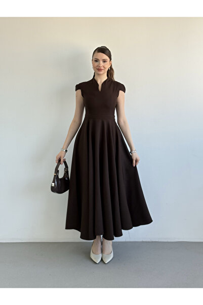 My Blog Brown Collar Detail Off-The-Shoulder Dress - 242480