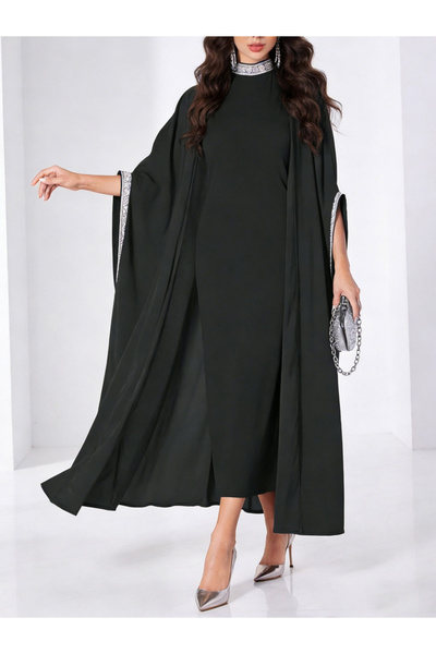 Take Two By Styli Black Embellished Trim Abaya with Inner Dress Set