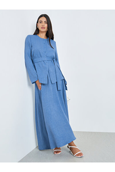 Styli Blue Buttoned Long Sleeve Top and Skirt Co-Ords