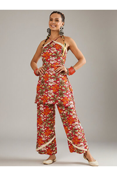 WineRed By Styli WineRed Women Pink Rayon Floral Print Alter Neck Co-Ord Set