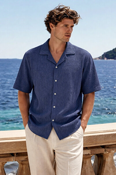 DAMGA JEANS Men's Premium Comfort Polo Collar Navy Blue Linen Shirt