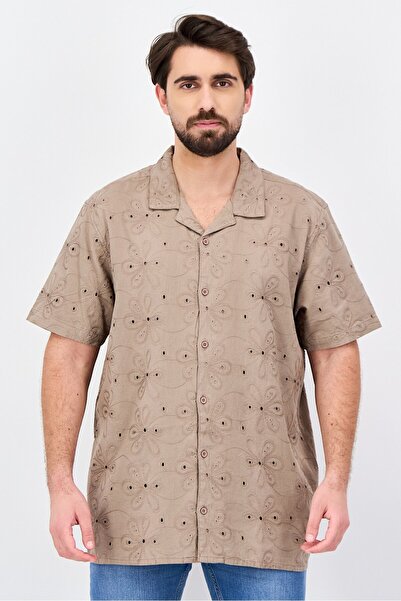 Threadbare Men Regular Fit Short Sleeve Eyelet Casual Shirt, Taupe
