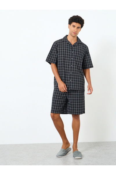 Styli Men Black Relaxed Checked Shirt and Shorts Set