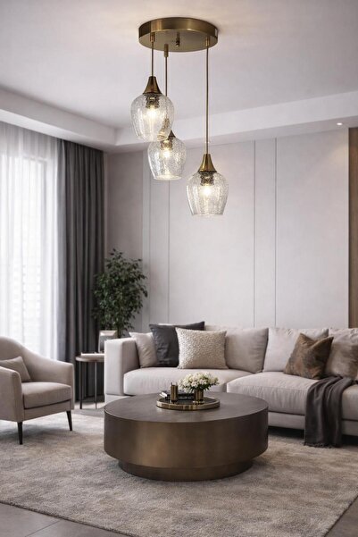 BİAVİZE GOLD KROMLU ŞEFFAF CAMLI 3LÜ SARKIT AVİZE