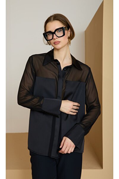 mahira collection Women's Black Shirt with Tulle Transparent Detail