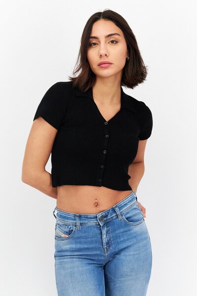 Don't Call Me Jennyfer Women V-Neck Short Sleeves Ribbed Top, Black