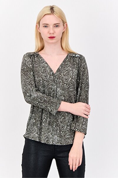 Cable&Gauge Women V-Neck 3/4 Sleeve Floral Print Tops, Olive