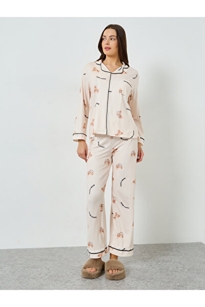 Styli Teddy Print Buttoned Shirt and Pyjama Set