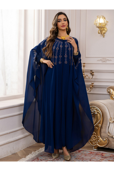 Take Two By Styli Navy Blue Embellished Cape Style Abaya and Dress Modest Set