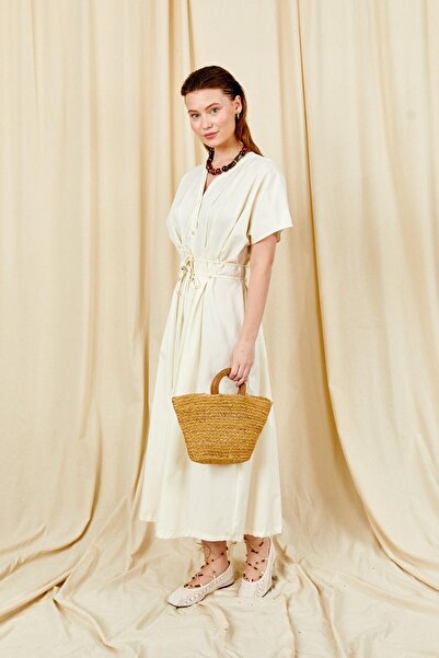 TENA Women's Ecru 199 Low Sleeve Pleated Detailed Buttoned Front Poplin Dress