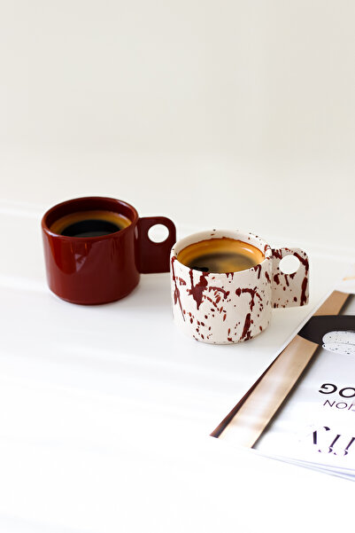 SİNEM YAMAN HOME BORDO VE BORDO PİN EL YAPIMI SERAMİK 2li MUG TAKIM