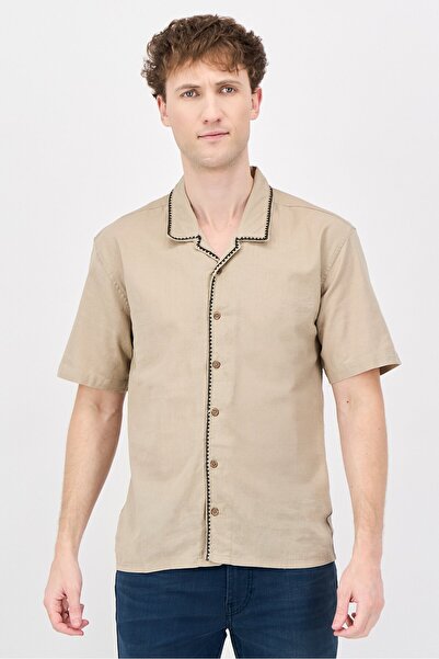 Threadbare Men Relaxed Fit Solid Short Sleeve Casual Shirt, Khaki