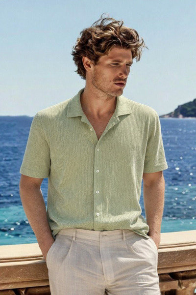 DAMGA JEANS Men's Premium Comfort Polo Collar Green Linen Shirt