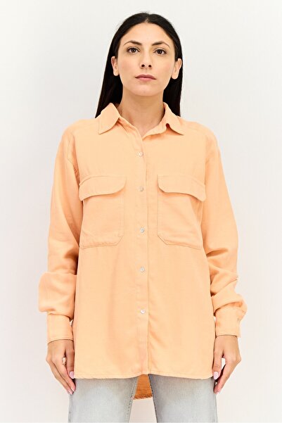 Reiko Women Spread Collar Long Sleeve Solid Shirt, Peach