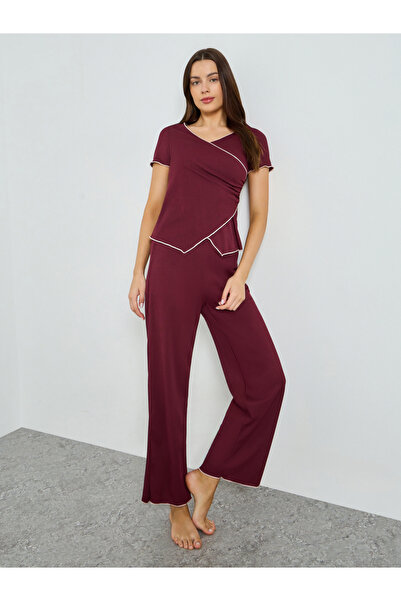 Styli Mono Contrast Edge Rib Wrap Over T-Shirt and Pyjama Set
