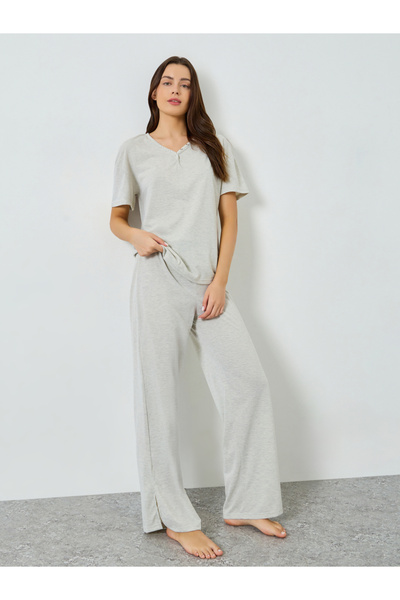 Styli Drop Shoulder Placket Rivet T-Shirt and Straight Pyjama Set