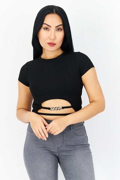 Don't Call Me Jennyfer Women Round Neck Short Sleeves Rib Crop Top, Black