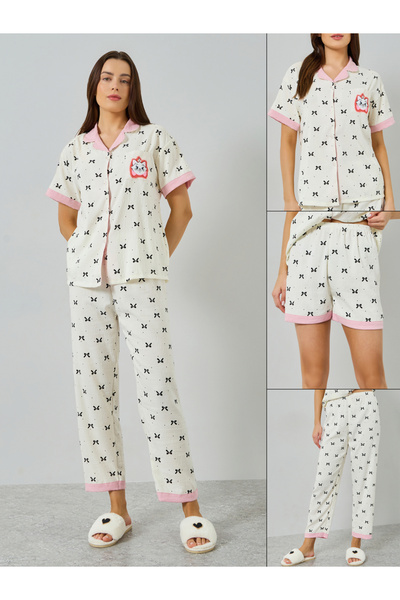 Styli Pack of 3 - Cat Bow Print Shirt, Short and Pyjama Set