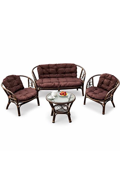 Eom Set Mobilier Grădină din Ratan – 4 Piese, Masă cu Sticlă, Maro