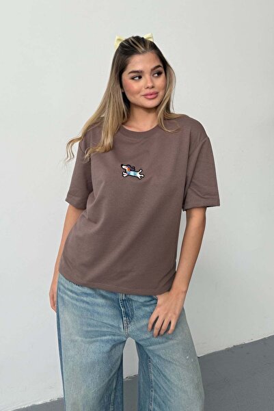 GİYSA Women's Crew Neck Dog Embroidered 2-Strand T-Shirt Light Brown - 26Y 26603
