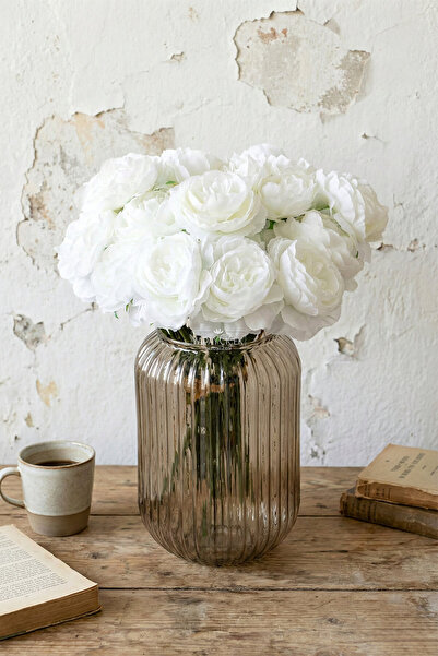 Yapay Çiçek Deposu Artificial Flower 7-Piece Tea Rose Bunch 30 cm White