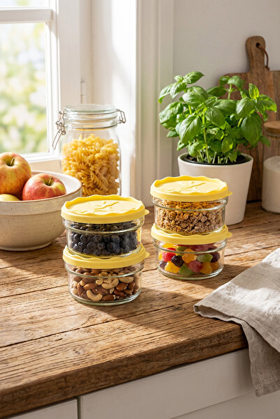 Homekolik 4’lü 415 cc Cam Kahvaltılık Seti Sarı Kapaklı – Kapaklı Reçellik Ze...