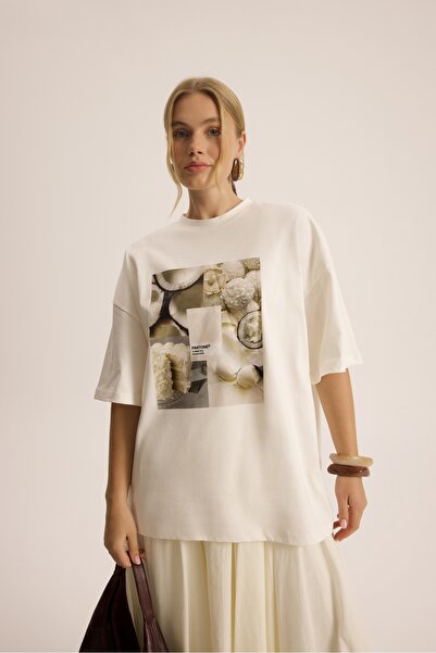 MAI STUDIOS CO. Tricou supradimensionat alb culoarea laptelui de cocos