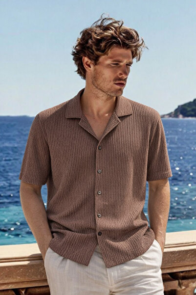 DAMGA JEANS Men's Premium Comfort Polo Collar Brown Linen Shirt