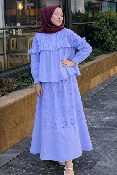 benguen Stone Detailed Embroidered Skirt Suit 3007 Blue