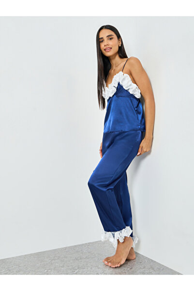 Take Two By Styli Navy Blue Ruffle Trim Satin Cami and Pyjama Set