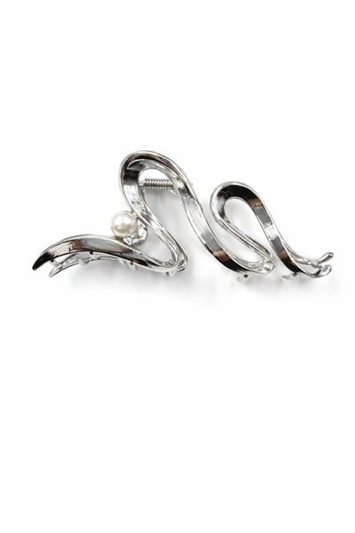 MD Moda Accessories Pearl Detailed Wave Shaped Silver Color Bun Hair Clip