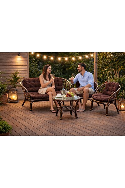 Eom Set Mobilier Grădină din Ratan – 4 Piese, Masă cu Sticlă, Maro