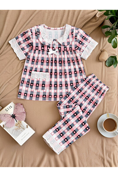Take Two By Styli Girls Pink Checkered Heart Top and Pyjama Set
