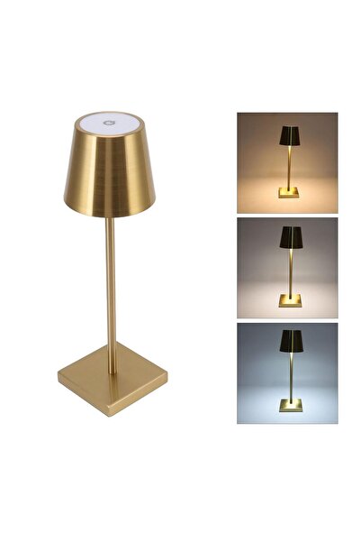 zola Lampă de noptieră LED 3W, 3 abajururi, baterie 1500 mAh, 38x10.5 cm, aurie