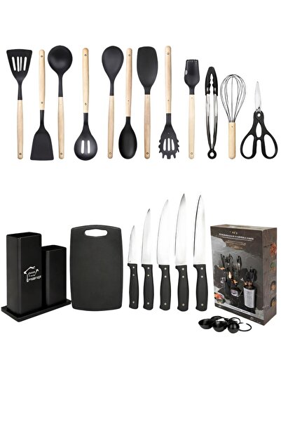 TSUMAB طقم أدوات مطبخ كامل وسكاكين مع حامل – 10 أدوات سيليكون مقاومة للحرارة