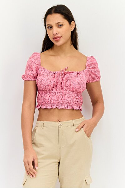 Don't Call Me Jennyfer Women Tie Neck Short Sleeve Allover Print Blouse, Mult...