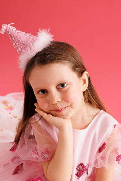 Le Mabelle Pink Bow Detailed Sequined Girls' Clip-On Birthday Crown