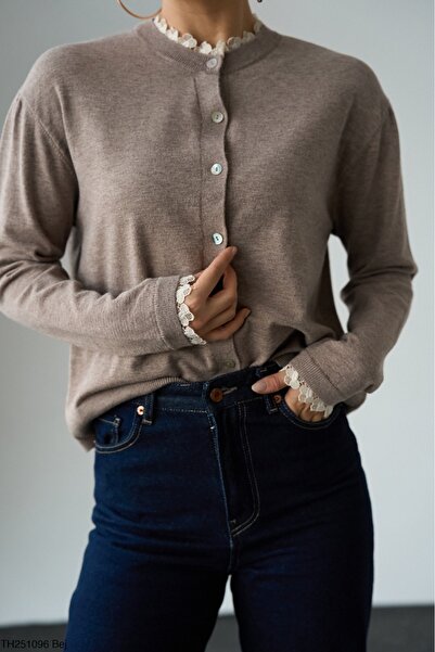 Lupies Kadın Bisiklet Yaka Dantelli İnce Triko Hırka