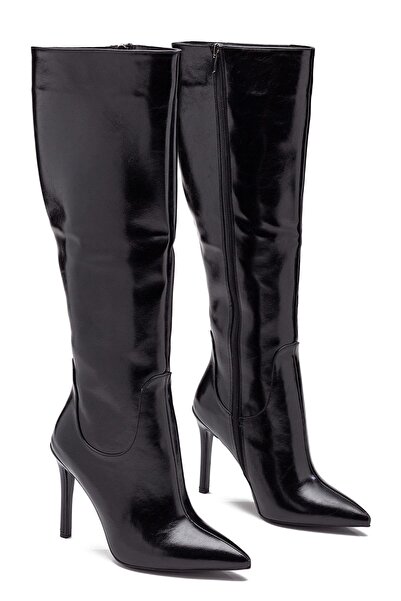 Dedos Women's High Heeled Zipper Detailed Wrinkled Shiny Leather Below the Kn...