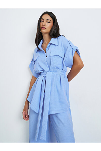 Styli Blue Belted Oversized Shirt and Trousers Co-ords