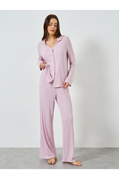 Styli Supersoft Viscose Open Collar Buttoned Shirt and Pyjama Set