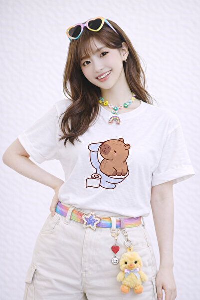 FANA Capybara Printed Unisex White Loose Fit T-Shirt – Oversize Cut 100% Cott...