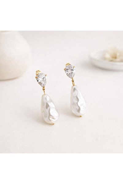 Archhazel Jewelery Gold Drop Pearl Detailed Zircon Stone 316L Steel Earrings